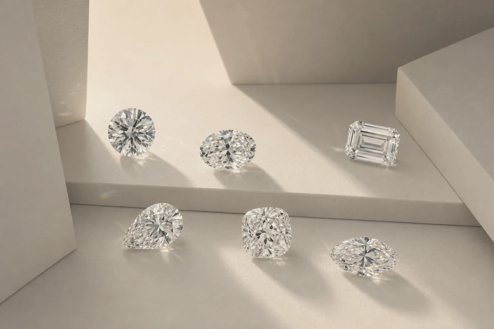 Loose diamonds of different shapes arranged for comparison