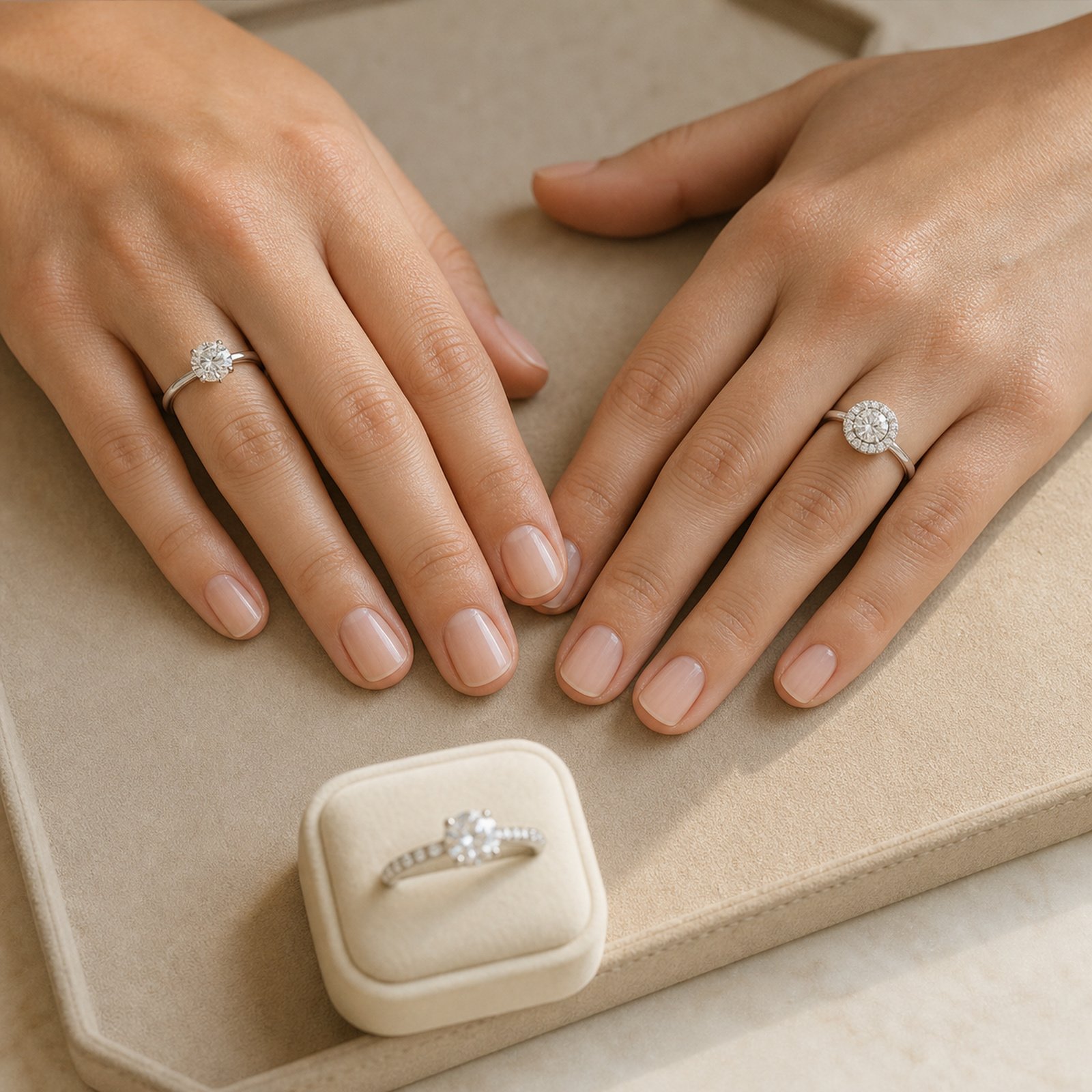 Two hands resting on a pale suede tray, each wearing a white-gold diamond ring, and a third ring in an open box beside them