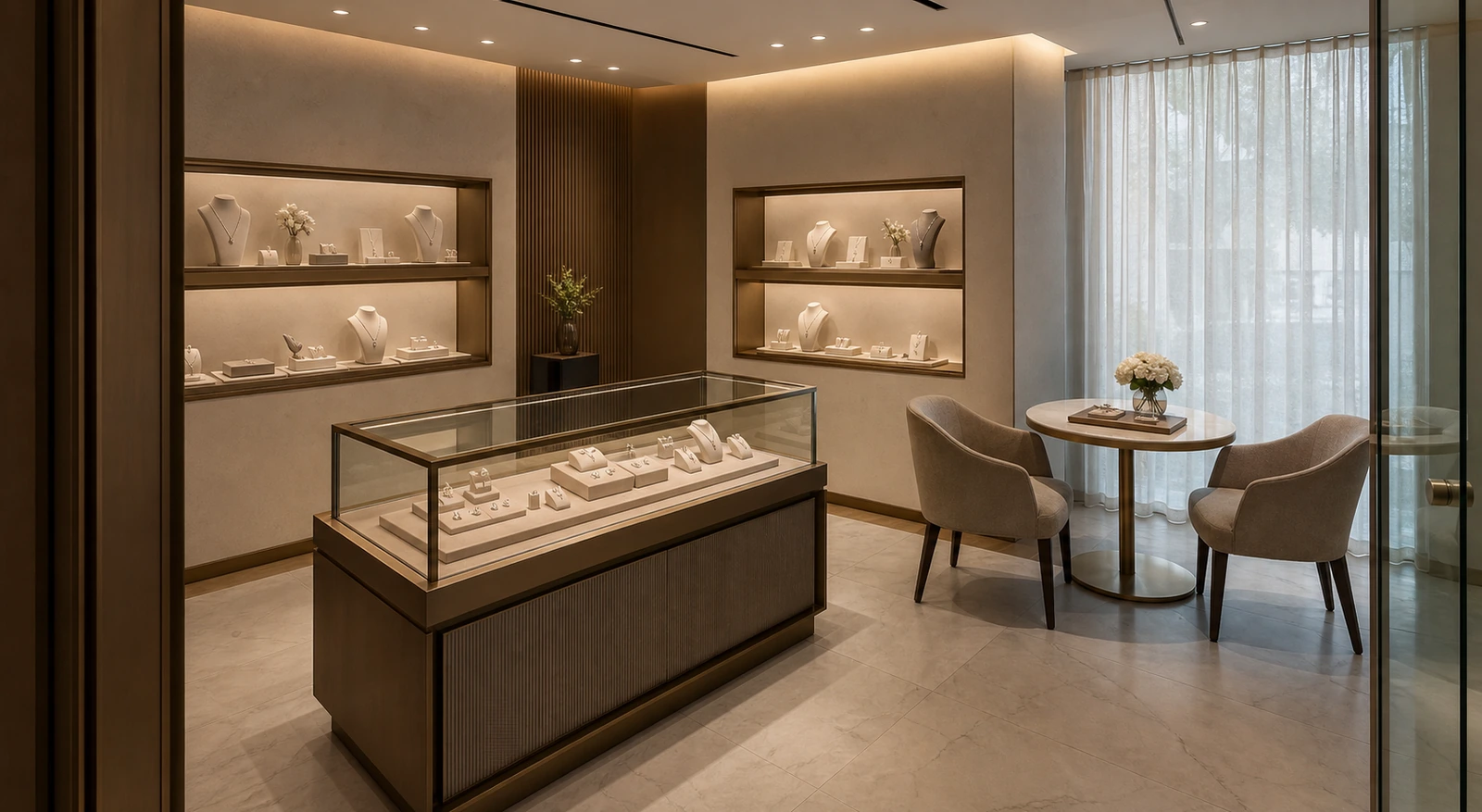 A quiet consultation room: a table and two chairs by a window, and a single display case