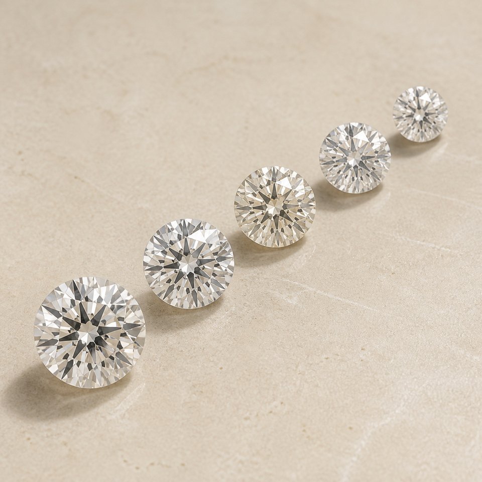 Five loose diamonds of different sizes laid in an arc on a warm ivory surface