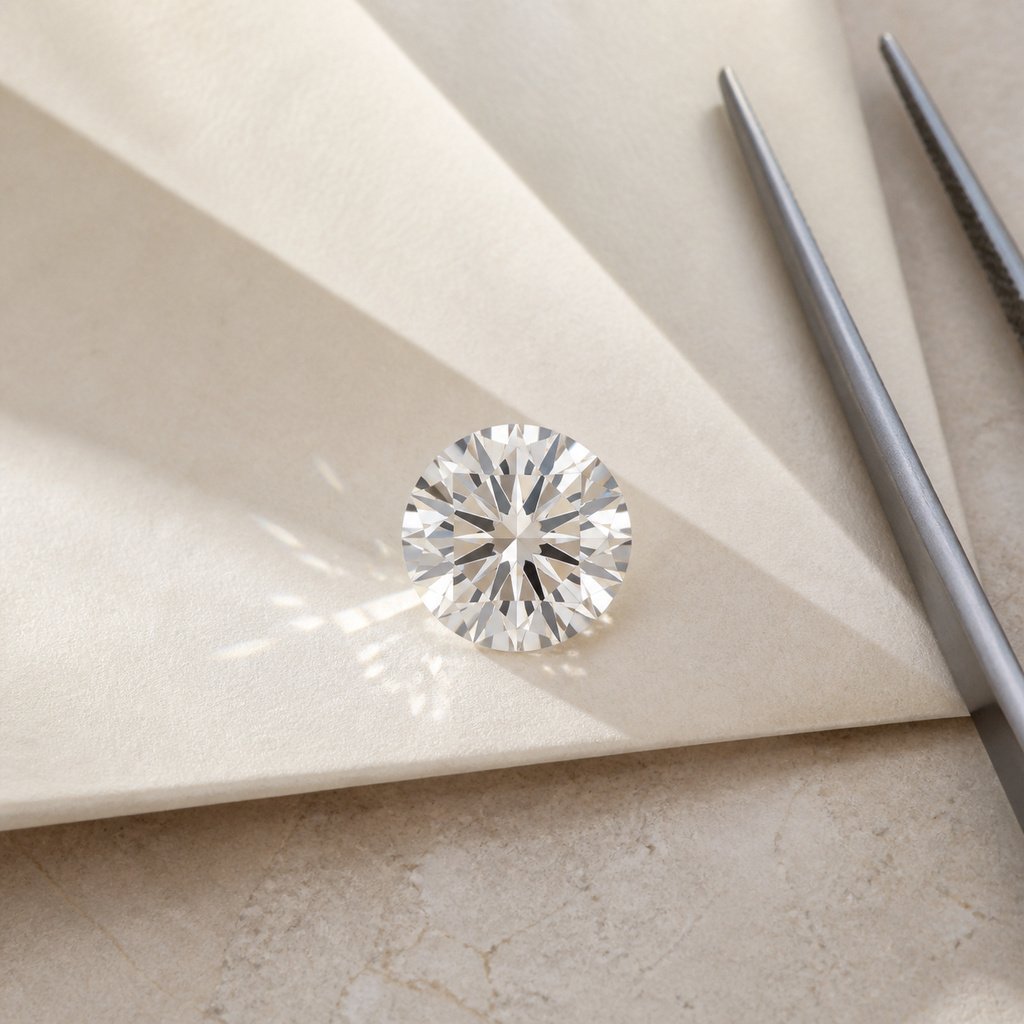 A single round brilliant diamond resting on pale folded paper