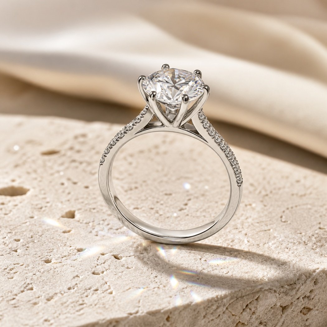 A solitaire diamond ring standing upright on a pale stone surface, cream fabric behind it