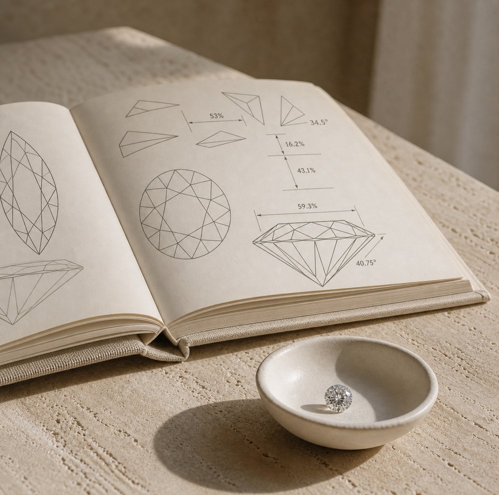 An open printed booklet on a warm paper surface, a single loose round diamond on the page