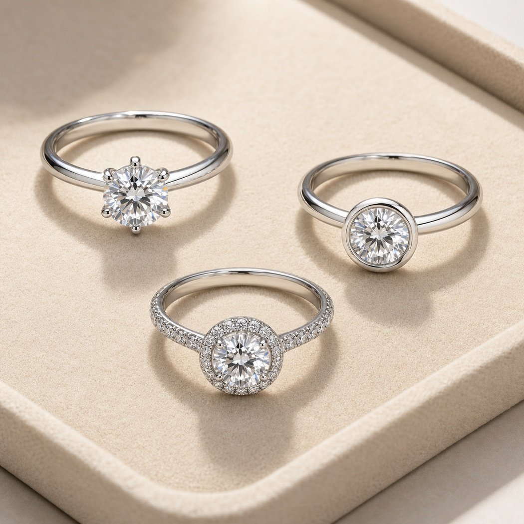 Three white-gold rings side by side: a solitaire, a bezel setting and a pave halo