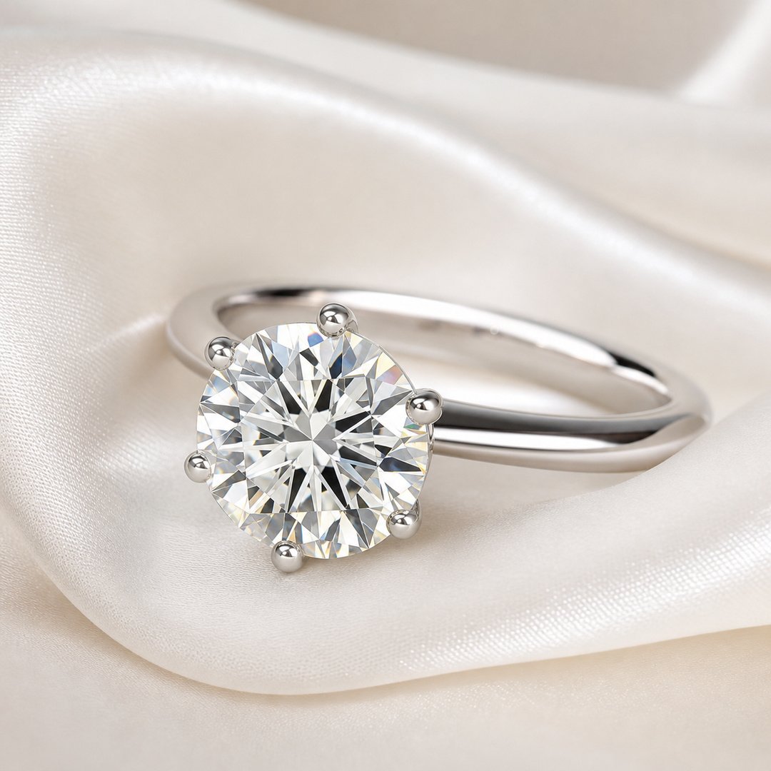 A solitaire diamond ring resting on folded natural linen, seen from above