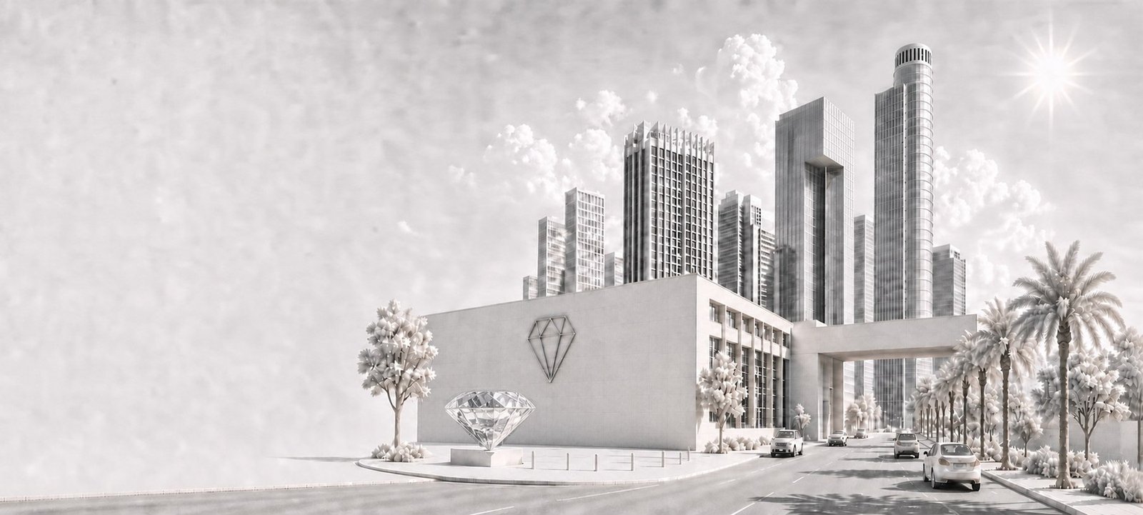 Illustration of a diamond-district street: a stone building carrying a diamond emblem, office towers behind it and a palm avenue